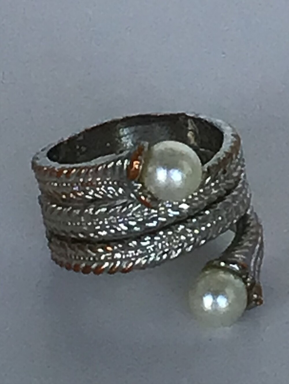 Silver-Tone Wrap Ring with Pearl Accents